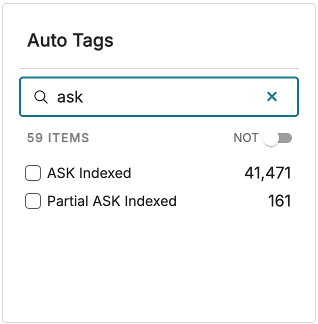 Auto tags section displaying indexed items and search functionality for tagging.